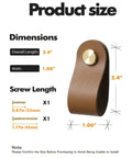 Product dimensions for brown leather drawer pulls 6 pack for kitchen cabinets, 2.4" x 1.06", with included screws sizes.