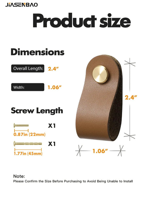 Product dimensions for brown leather drawer pulls 6 pack for kitchen cabinets, 2.4" x 1.06", with included screws sizes.