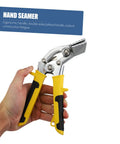Hand holding Ergonomic Hand Seamer Tool For Ductwork And Metal Panels With Non Slip Handles For Easy Operation And Reduced Fatigue Perfect For HVAC Electrical Projects, showcasing steel construction and ergonomic grip.