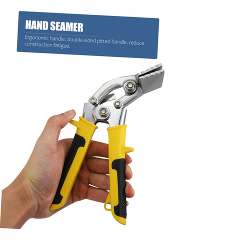 Hand holding Ergonomic Hand Seamer Tool For Ductwork And Metal Panels With Non Slip Handles For Easy Operation And Reduced Fatigue Perfect For HVAC Electrical Projects, showcasing steel construction and ergonomic grip.