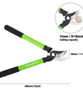 Limb And Branch Pruner Tool Set With Heat Treated Steel 15 Inch Lopper, showing cutting capacity and green easy grip handles.