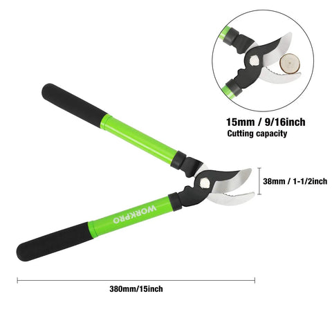 Limb And Branch Pruner Tool Set With Heat Treated Steel 15 Inch Lopper, showing cutting capacity and green easy grip handles.