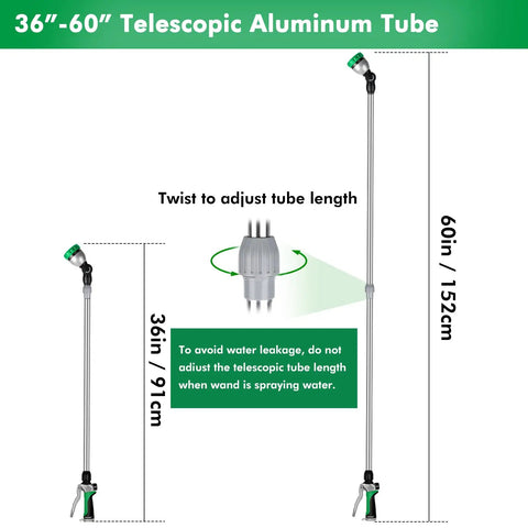 Extendable Watering Wand With 36 To 60 Inch Reach, 180 Degree Adjustable Ratcheting Head, showing telescopic aluminum tube