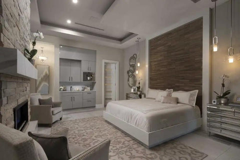 Polished Nickel One Light Mini Pendant With Water Glass Shade And Etched Diffuser 8 Inch Diameter shown in modern bedroom