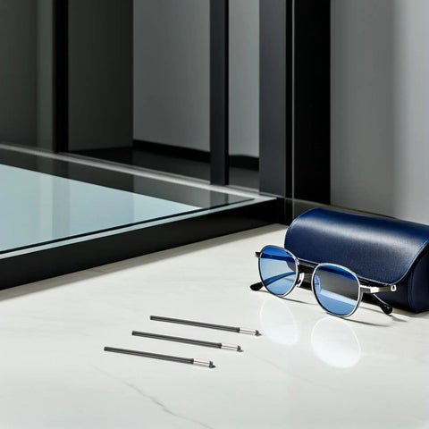 Ten Pairs Glasses Arm Replacement Kit With Metal Temple Tips, Anti Slip Eyewear Grips for Eyeglasses and Sunglasses next to glasses case