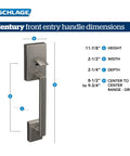 Century Front Entry Handleset With Latitude Lever In Aged Bronze dimensions chart showing size specifications.