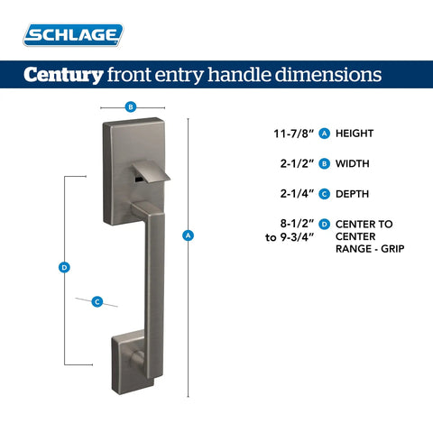 Century Front Entry Handleset dimensions showing height, width, depth, and center range for installation in matte black finish