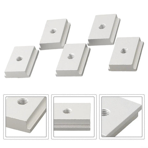 Beefy Five Piece Aluminum Alloy T Track Nuts M6 M8 Set for T Slot Woodworking with threaded holes on white background