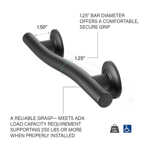36 Inch Designer Wave Shaped Shower Grab Bar In Matte Black, Dope Modern Bath Safety Rail With One And One Quarter Inch Diameter