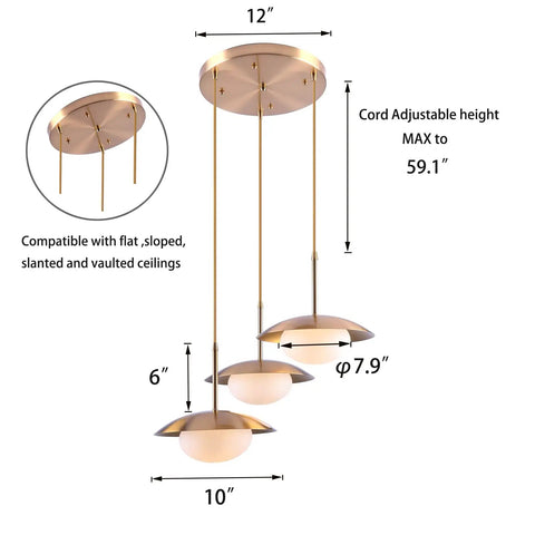 Dimensions of Go-To Three-Light Modern Pendant Lighting With Double Shades And White Glass Globe Inside Brushed Brass UFO Fixture