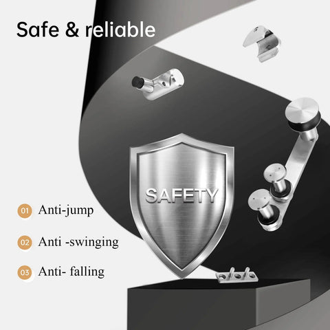 Image showing safety features of the Heavy Duty 6 Ft Stainless Steel Sliding Barn Door Hardware Track Kit For 30 To 36 Inch Single Door Anti Rust Anti Corrosion Ultra Smooth Quiet Sliding With Ball Bearing Rollers And Easy Install, including anti-jump, anti-swinging, and anti-falling components.