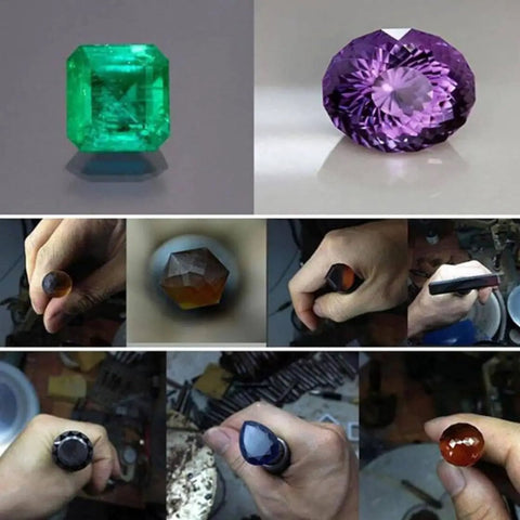 Gemstone Polisher Grinder Buffer Machine For Jewelry Making, Mini Table Saw in action with various gems and tools displayed