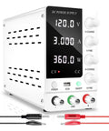 32V 6A Regulated Switching DC Power Supply with 4 Digit LED Display, side view showing controls and cables
