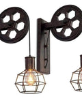 Two Pack Retro Industrial Pulley Wall Lamps Vintage Black Rust Metal Sconces E27 Socket with ambient glow for bedroom and cafe.