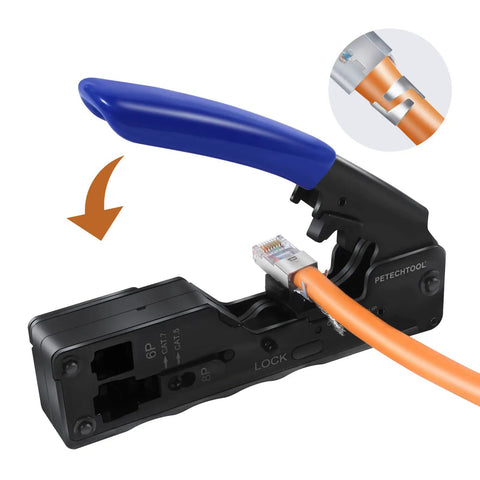 All In One RJ45 Ethernet Crimp Tool For Pass Through Connectors and RJ11 RJ45 Plugs Compact Wire Cutter in use with cable