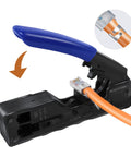 All In One EZ RJ45 Crimp Tool Kit For Cat6 Cat5e Cat5 Pass Through Connectors With Boots Cable Ties Tester Scissors And Stripper Fast Reliable Pro Grade Networking Made Easy crimper with blue handle and orange cable