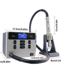 Pro Grade 1000W Hot Air Soldering Station with measurement details for PCB Repair, featuring a digital LCD display and rework system.