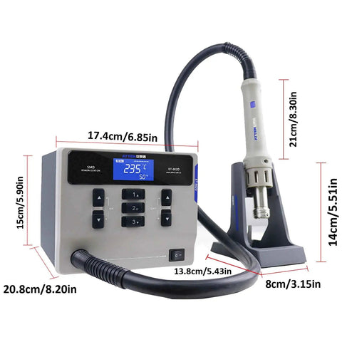 Pro Grade 1000W Hot Air Soldering Station with measurement details for PCB Repair, featuring a digital LCD display and rework system.