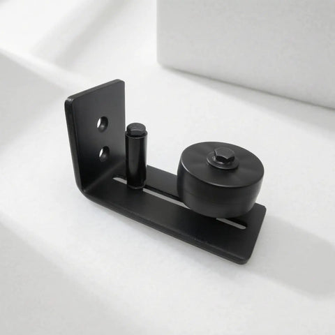 Heavy Duty Sliding Barn Door Floor Guide For Closets And Room Dividers Rock Solid Steel Runner Matte Black Finish side view of floor guide hardware.