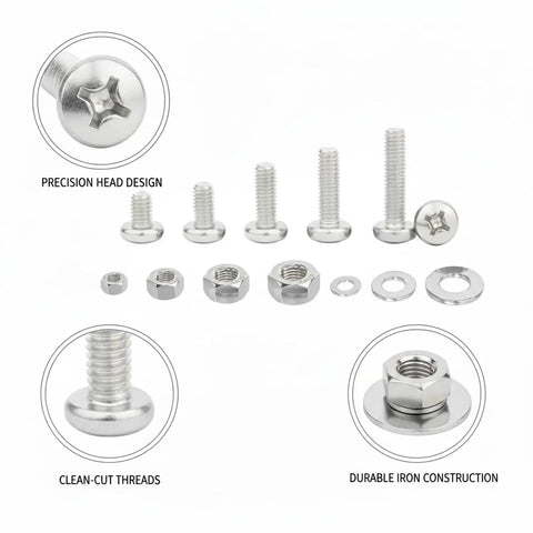 2 Lb Iron Screw And Nut Assortment Kit With 24 Sizes In Durable PP Case 660 Pieces For 3D Printer Builds DIY Repairs Home Projects Heavy Duty Fasteners Ready To Go, close-up of silver screws, nuts, and washers