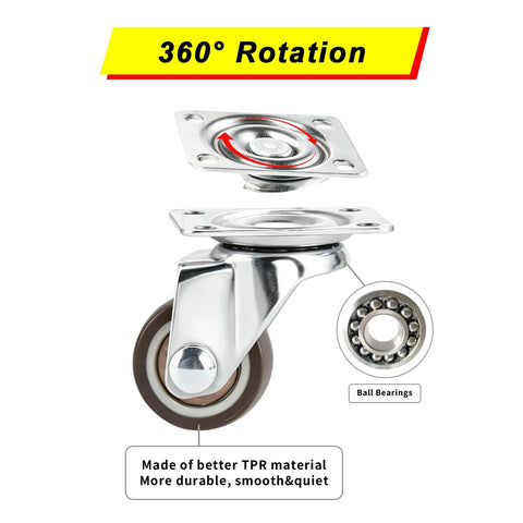 Set Of 4 1 Inch Swivel Caster Wheels For Lightweight Furniture Under 100 Lb, 360 Degree Plate Castors With Low Profile Soft Rubber, Screw In Replacement