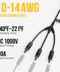 Solar Y Branch Connectors For Panels 1 To 3 Parallel Cable Kit M/FFF And F/MMM with specs for operating temp, voltage, current