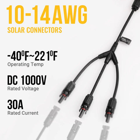 Solar Y Branch Connectors For Panels 1 To 3 Parallel Cable Kit M/FFF And F/MMM with specs for operating temp, voltage, current