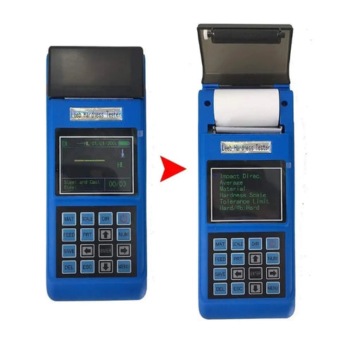 Rock Solid Digital Hardness Tester Meter with thermal printer, blue handheld gauge displaying test results.