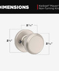 Maven Dummy Door Knob For Closets And French Double Doors, Satin Nickel Non Turning Interior Handle With Microban Protection, Single Sided Round Knob For Pantry And Interiors, Easy DIY Install With All Hardware Included, dimensions view