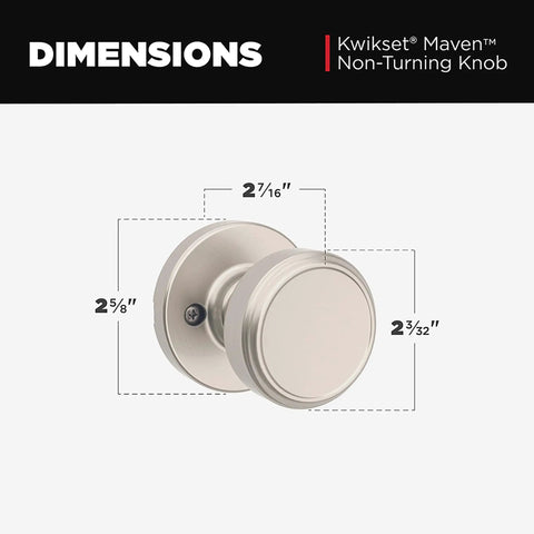 Maven Dummy Door Knob For Closets And French Double Doors, Satin Nickel Non Turning Interior Handle With Microban Protection, Single Sided Round Knob For Pantry And Interiors, Easy DIY Install With All Hardware Included, dimensions view