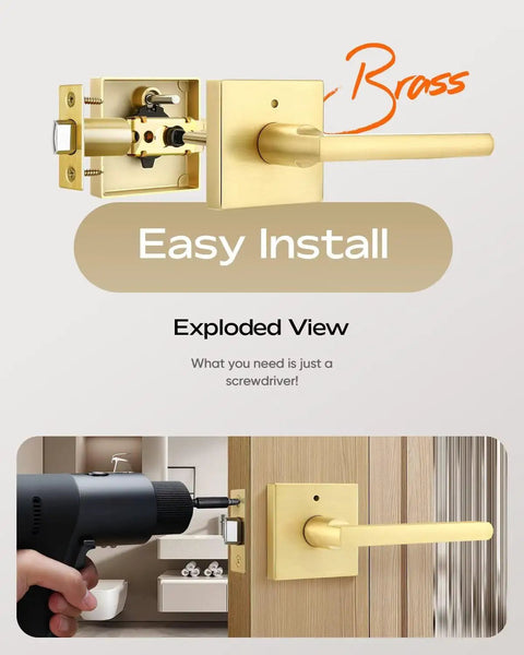 Gold Finished Heavy Duty Interior Door Handle Set With No Fuss Privacy Lever For Bedroom And Bathroom shown in exploded view with screwdriver installation.