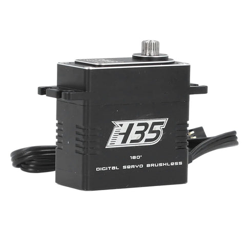 Hella Precise 35kg Digital Servo Motor With Rock Solid Metal Gears For RC Cars Drones And Robot Builds Featuring High Torque Output And Smooth 180 Degree Rotation Built Tough To Crush Any Load side view showing black brushless motor and wires.