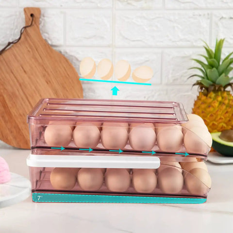 Clear Pink Egg Storage Bin For Fridge With Lid 2 Layer Stackable Egg Organizer 36 Count Dispenser Auto Rolling Egg Holder