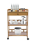 Heavy Duty Rolling Kitchen Cart With Drawer, Three Tier Bamboo Utility Island showcasing kitchenware on smooth swivel wheels.