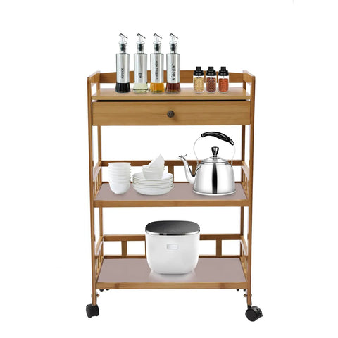 Heavy Duty Rolling Kitchen Cart With Drawer, Three Tier Bamboo Utility Island showcasing kitchenware on smooth swivel wheels.