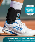 Person wearing Speed Lacer Ankle Brace With Quick Pull Hook And Loop Closure Delivers Fast Even Compression For Sprained Ankles And Peroneal Tendonitis Orthopedic Ankle Support For Men Women Adults Teens And Kids Black Large on tennis court.