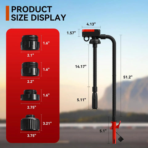 No Nonsense Portable Fuel Transfer Pump With Auto Stop And Quick Wand For Gasoline And Diesel Plug And Play Electric Pump With 51 Inch Hose Size display with detailed dimensions.
