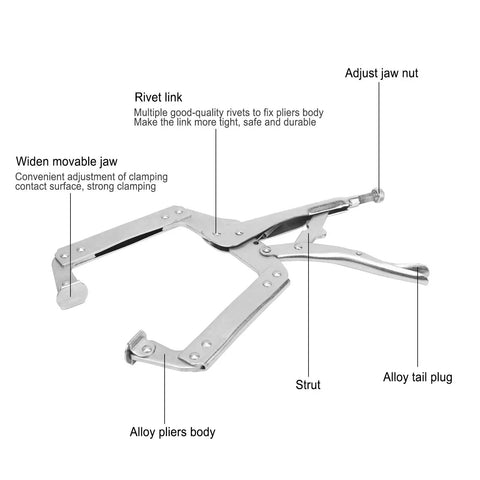 Heavy Duty Locking Pliers Quick Clamp for Woodworking and Welding C Shaped Jaw Holding Tool with Wide Mouth 14 Inch Grip One Hand Lock Durable Alloy Steel 1 Pack for Steady Boards and Metal Parts. Alloy steel C-clamp pliers with wide movable jaw and adjust nut