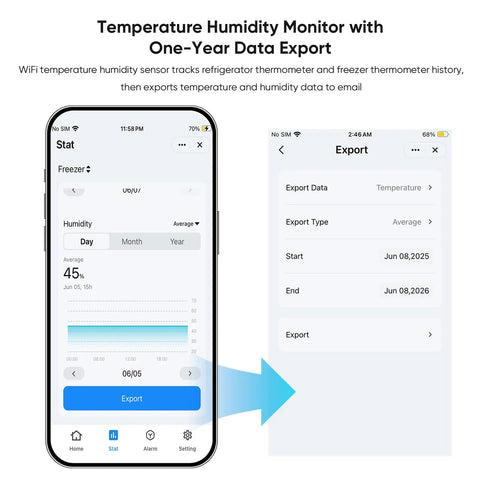 WiFi Freezer Thermometer With App Alerts And Two Wireless Fridge Sensors For Real Time Temperature Monitoring, Waterproof IP65 Probes, Instant Phone Notifications If Temperatures Go Out Of Range. app export screen