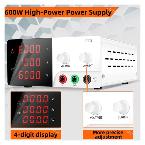 Pro Grade Variable DC Power Supply 60V 10A Beefy, Low Ripple High Precision Lab Regulator With Digital LED Readouts For Voltage And Current, Easy Coarse And Fine Adjustment Knobs, Constant Voltage Current Mode For Precise Electronics Work. front view with 4-digit LED display and voltage/current knobs