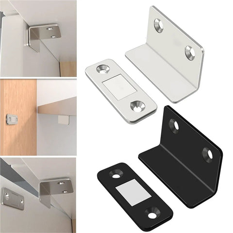 Upgrade Your Gear With This Ultra Thin Invisible Magnetic Steel Catch Latch For Sliding Doors And Wardrobes Plus Strong Suction Closer Hardware showing black and silver steel catches.