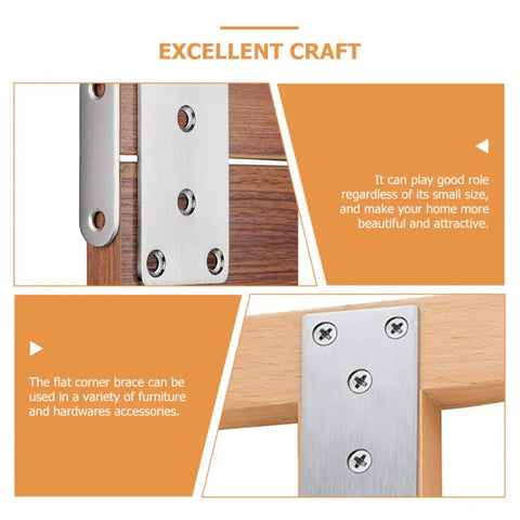 Stainless Steel Brace Plates Set With Screws on wooden corners for furniture repair, showing corrosion resistant flat corner joining plates.