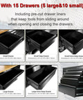 Tough As Nails 72 Inch Rolling Tool Chest With Fifteen Deep Drawers And Three Spacious Upper Cabinets showing various drawer types.