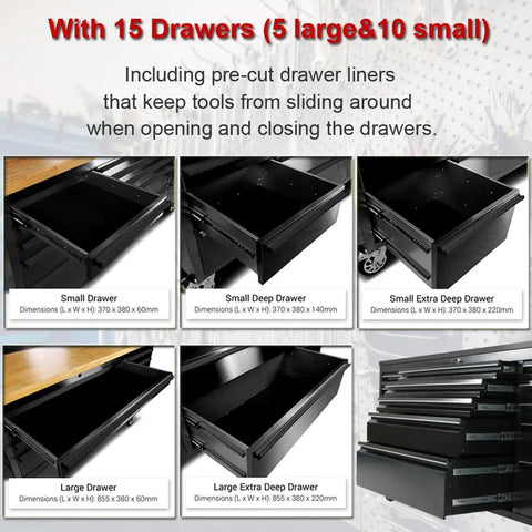 Tough As Nails 72 Inch Rolling Tool Chest With Fifteen Deep Drawers And Three Spacious Upper Cabinets showing various drawer types.