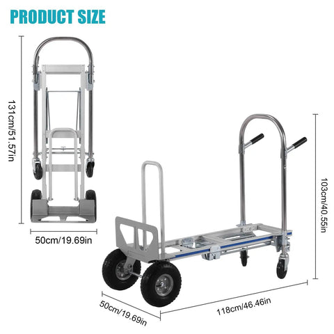 2 In 1 Industrial Convertible Utility Trolley Platform Cart With Reinforced Aluminum Frame 1000 Lb Capacity As Cart And 550 Lb As Stair Climber Perfect For Moving Appliances Furniture And Heavy Luggage. product size diagram, 118cm x 50cm, aluminum frame