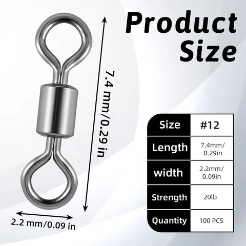 100 Pcs Micro Swivels for Fly Fishing Stainless Steel Small Rolling Barrel Swivels High Strength Hook Line Connector Tackle Gear with Black Coating Pro Grade Fishing Accessories size #12, 7.4mm