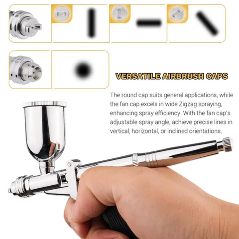 Heavy Duty Gravity Feed Dual Action Pistol Grip Airbrush With Adjustable Flow Control And Killer Fine Detail Spray Gun close-up of caps for versatile applications.