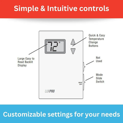 Mechanical Non Programmable Thermostat For Heat Only Systems Easy To Install Battery Powered No Fan 1 Stage Heat Perfect For Home Or Office Use Simple Manual Temperature Control With Quick Setup showing display and controls