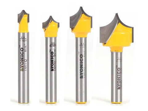 Front view of Groove Point Roundover Router Bit Set For Woodworking, 4 Bit Bundle With 1/4 Inch Shank, Radii Of 3/32 5/32 7/32 And 5/16