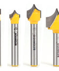 Groove Point Roundover Router Bit Set For Woodworking, 4 Bit Bundle With 1/4 Inch Shank, Radii Of 3/32 5/32 7/32 And 5/16